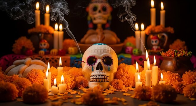 Day of the dead altar with sugar skull and marigold flowers - Powered by Adobe