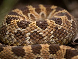 Obraz premium Close-up detail of a coiled snake's patterned scales, showcasing its intricate natural camouflage and reptilian texture.