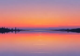 Serene lake mirroring tranquil sunset, forest silhouettes at the horizon