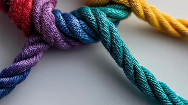 Colorful ropes intertwined in a vibrant knot showcasing creativity and craftsmanship