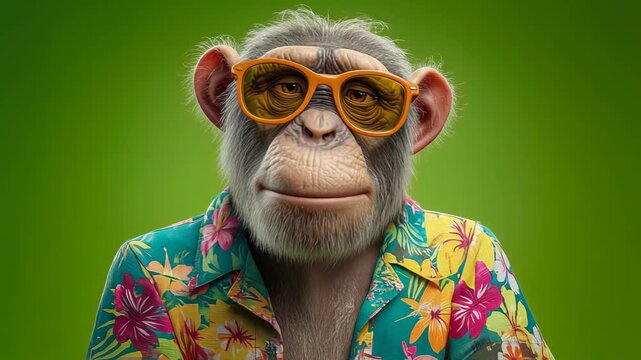 Stylish monkey with sunglasses in a colorful tropical shirt against a bright green background