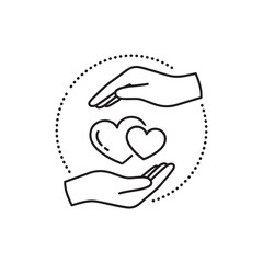 Human hands gently cradling two hearts within a dotted circle, symbolizing love, care, and protection, isolated on