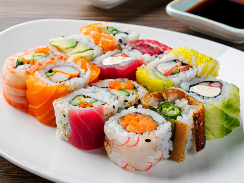 Assortment of colorful and fresh sushi rolls served on a white plate with soy sauce, showcasing a variety of Japanese cuisine.