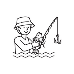 A simple line art illustration of a happy person fishing, holding a freshly caught fish with a fishing rod and hook in the water