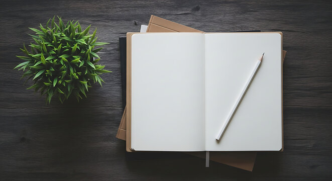 Open notebook and pencil with green plant on dark wooden desk
