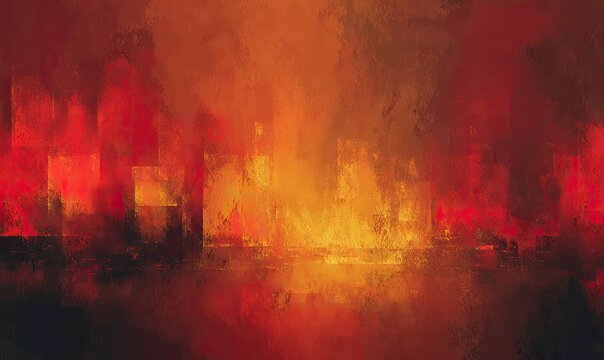 Fiery abstract cityscape with blurred, blocky shapes in warm, dark tones