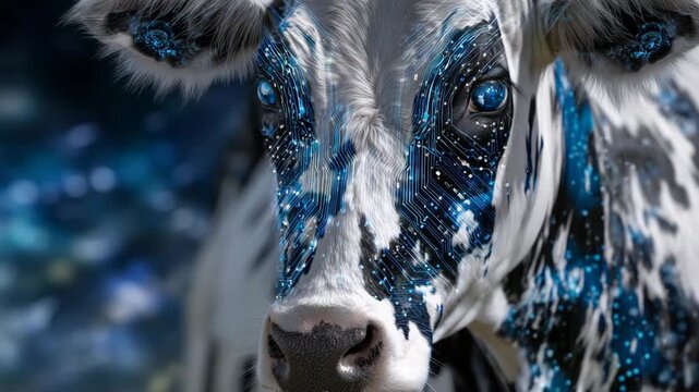 Close-up of a futuristic cow with glowing blue circuitry patterns running across its metallic hide, neon blue eyes shimmering under cool digital light, sci-fi agricultural backgrou