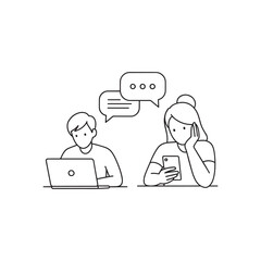 Online communication concept with man using laptop and woman using smartphone, isolated on