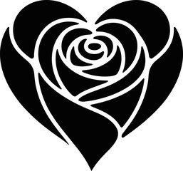 Black and White Vector Illustration of a Romantic Rose Heart Icon for Valentine's Day, Love, and Passionate Design Projects. Perfect Stencil, Decal, or Tattoo Template.
