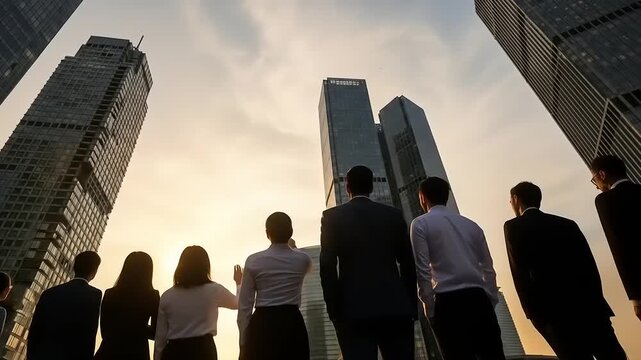Business team looking up at skyscrapers with future concept, success, and urban sunrise. - Powered by Adobe