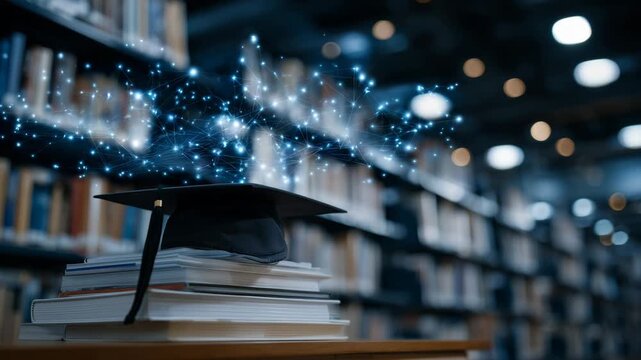 Close-up of black mortarboard atop textbooks, library shelves blurred in the background, glowing digital symbols of technology and knowledge hovering above the stack
