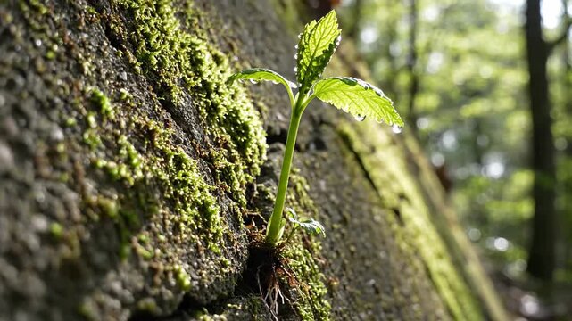 Close-up of a tiny green sprout growing on a moss-covered tree trunk in a forest.