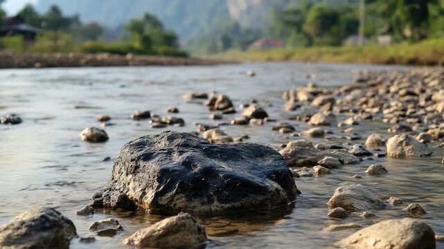 A large rock sits in the middle of a river, with water flowing around and over it