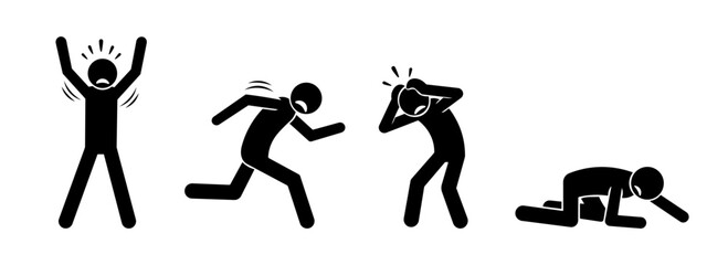 Panic and Fear Stickman Silhouettes – Running, Screaming, Shocked, and Collapsing Human Figures Icon Set.