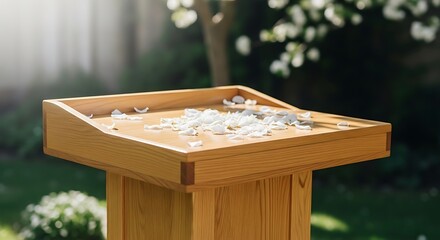 Wooden podium adorned with floral petals in an outdoor ceremonial space