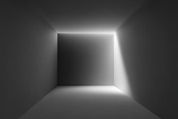Abstract, geometric room with bright light emanating from a squared opening