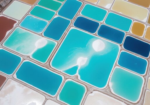 Aerial View of Colorful Salt Ponds with Geometric Shapes.