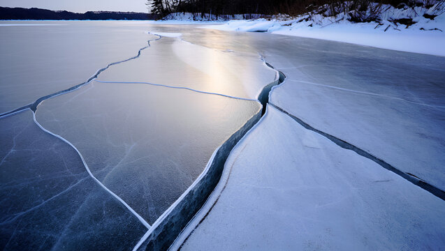 Cracked ice on a frozen lake surface with winter landscape and warm sunset light. - Powered by Adobe
