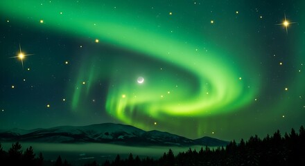 Emerald Embrace Aurora Illuminates a Nordic Nightscape Dreamlike Fantasy