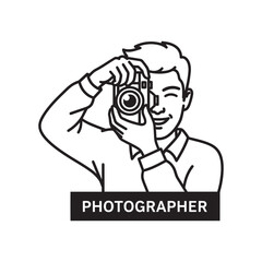 Smiling male photographer taking a picture with a camera, professional occupation line art illustration