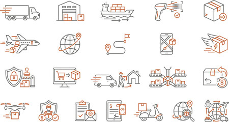 Shipping, Logistics, Delivery, Global, Transport, E-commerce, Supply, Chain, Outline, Icon, Vector, Service
