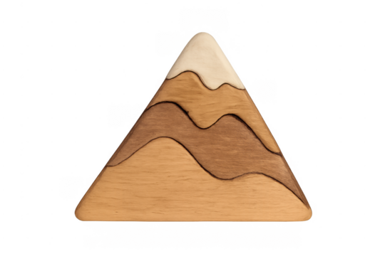Wooden mountain puzzle toy with snow peak on transparent background
