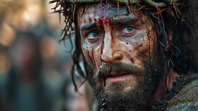 Jesus Christ wearing a crown of thorns. The Passion of Christ, the Stations of the Cross. Christian video of Good Friday, Easter background.