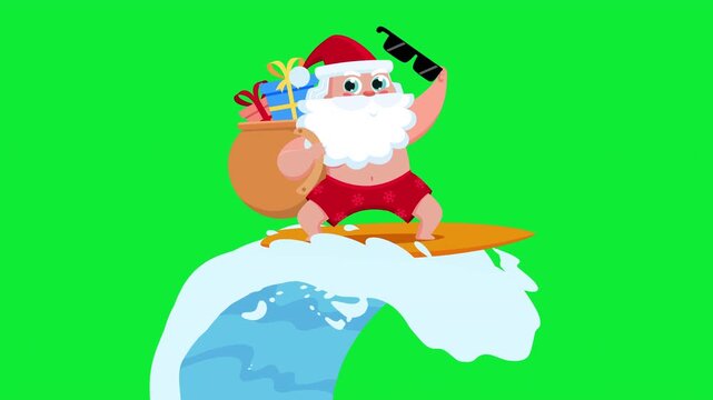 Funny Santa Claus Cartoon Character Surfing On Big Wave With Gift Bag &ndash; 4K Animation Video Motion Graphics With Chroma Key Green Screen Background