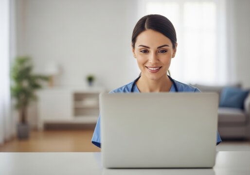 Dedicated Healthcare Professional Working on Laptop with a Smile.