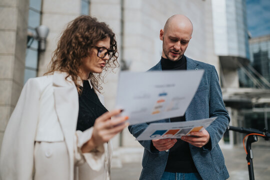 Two professionals examine printed charts and graphs outdoors, discussing a project. The scene conveys teamwork, planning, and strategic decision making in a contemporary urban setting. - Powered by Adobe
