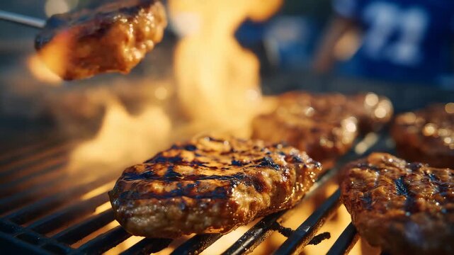 Close-up of sizzling hot dogs and juicy burgers on a smoky grill, golden flames flickering beneath, fans in team jerseys laughing and cheering beside parked cars at a sunny stadium