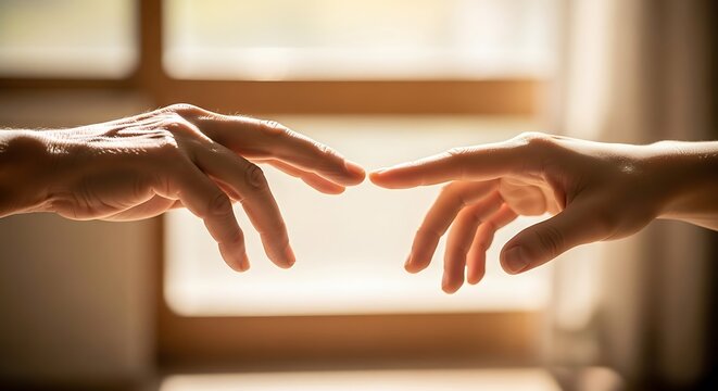 Fingertips nearly touching in a bright window light showing connection and intimacy of human hands in a soft studio