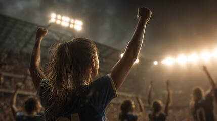  Confident female soccer player celebrating a goal in a stadium as teammates rush to hug her under bright floodlights in a dramatic night sports atmosphere