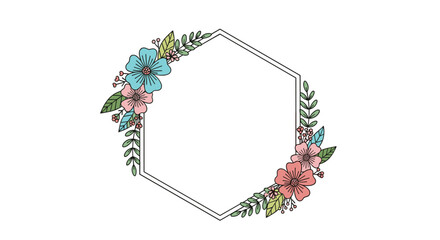 A beautiful hand-drawn hexagonal floral frame with colorful flowers and green leaves perfect for a wedding invitation or logo design.