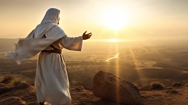 Jesus Christ prays while walking through the desert preaching. A lone man walks through the Judean desert. Christian video background.