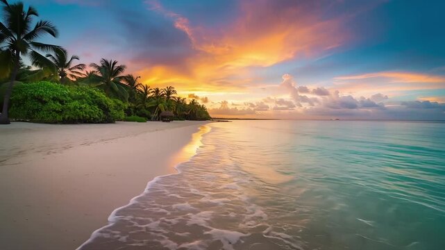 Tropical island beach showing palm trees and golden sunset reflections on water.