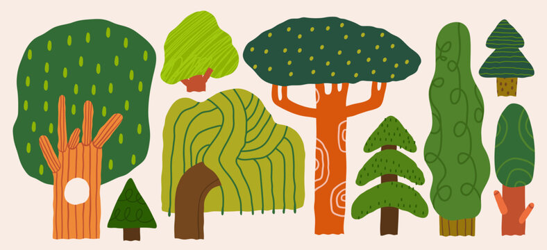 Set of various trees. Different types, shapes, colors, textures. Cartoon, childish Scandinavian style forest trees. Hand drawn trendy Vector illustration. Isolated design elements 