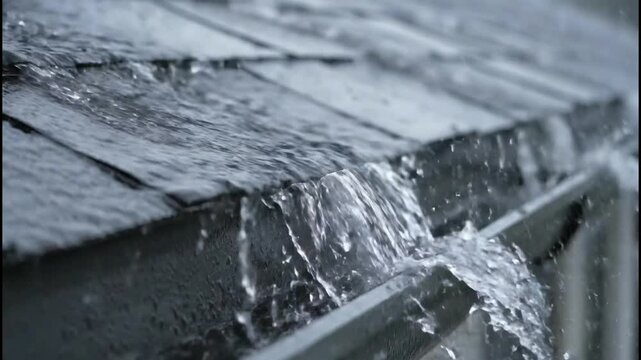 Close up of heavy rain water cascading over a roof and into a gutter during a downpour