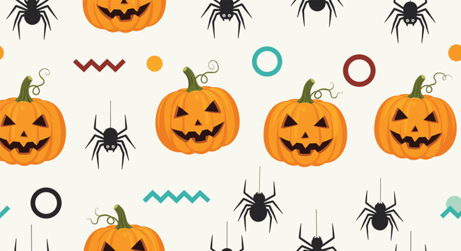 A festive seamless Halloween pattern featuring cute carved jack-o'-lantern pumpkins spooky spiders and abstract geometric shapes for parties.