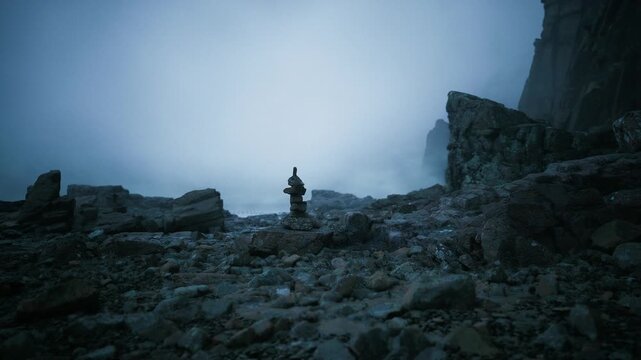 Early morning mist envelops a rugged beach where smooth stones are stacked carefully. The waves gently crash against the shore, creating a serene atmosphere.