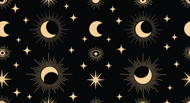An enchanting seamless pattern of golden celestial symbols like crescent moons stars and eyes on a deep black background design.