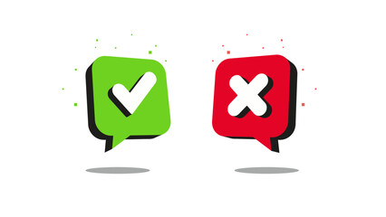 Green check mark and red cross icons appear in 3D speech bubbles. Vector symbols represent yes and no answers for voting. Isolated signs indicate correct and incorrect choices.