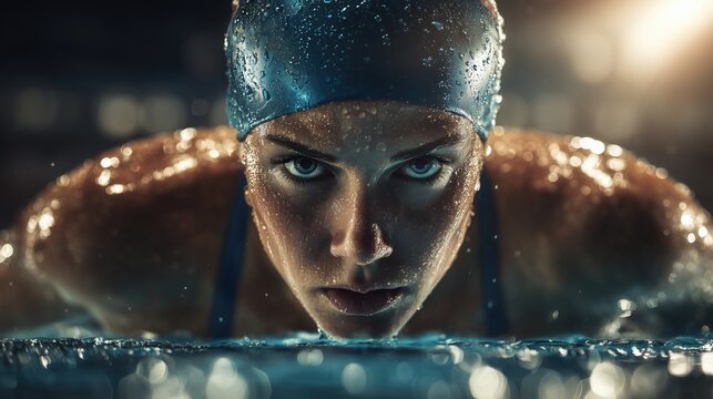  Female swimmer on a starting block at a professional competition, muscles tense in anticipation with pool reflections shimmering under bright overhead sports lighting - Powered by Adobe