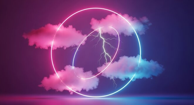 Neon circles with clouds and lightning bolts against a dark purple and blue gradient background - Powered by Adobe