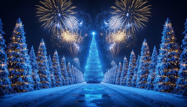 Magical winter wonderland with a glowing christmas tree in the center surrounded by snow covered pine trees and illuminated by vibrant fireworks in a dark night sky