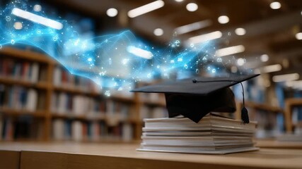 Close-up shot of mortarboard resting on thick reference books, digital learning icons floating like ethereal light above, shelves of journals and textbooks in soft focus behind - Powered by Adobe