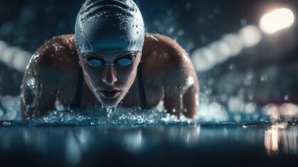  Female swimmer on a starting block at a professional competition, muscles tense in anticipation with pool reflections shimmering under bright overhead sports lighting