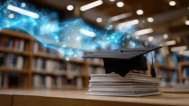 Close-up shot of mortarboard resting on thick reference books, digital learning icons floating like ethereal light above, shelves of journals and textbooks in soft focus behind