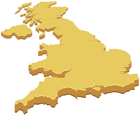 3D map silhouette of the UK, colored in yellow (cut out)
