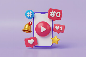 3D Social Media Icons & Smartphone: Likes, Notifications, Hashtags, Play Button